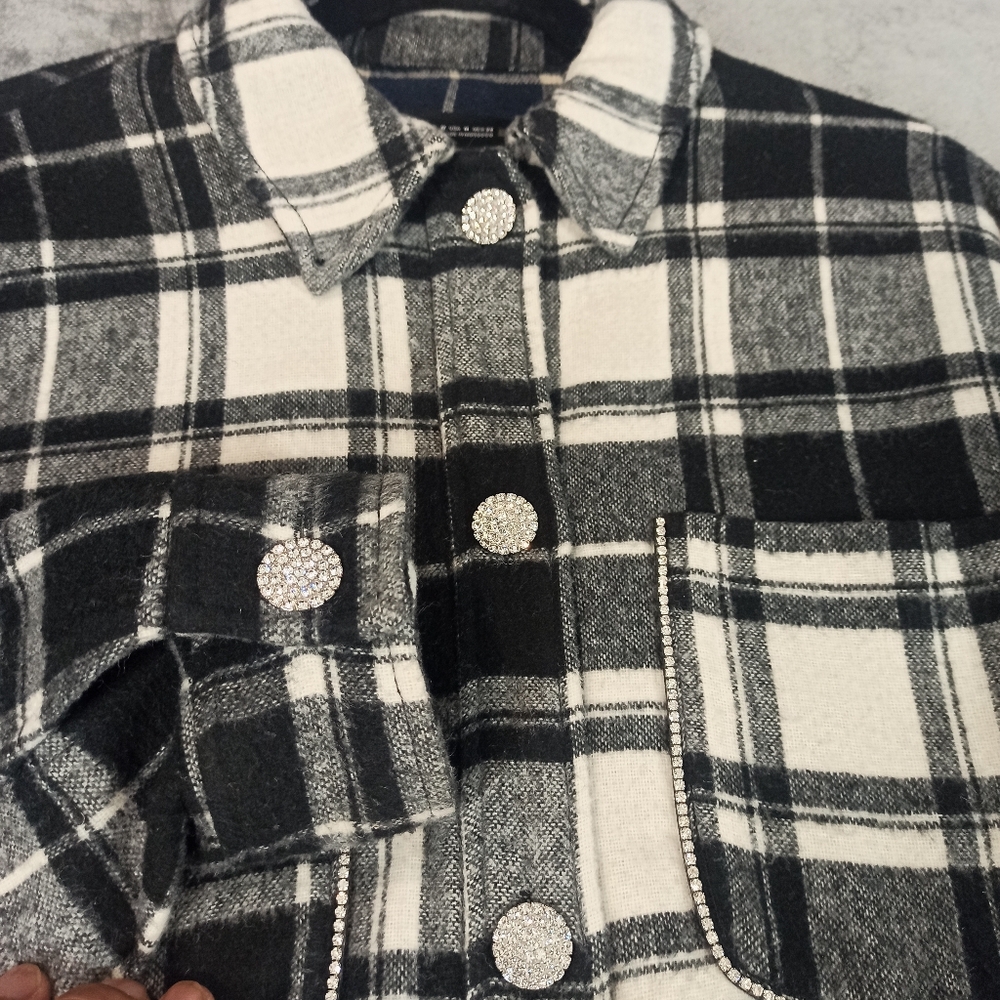 zara womens black and white check shirt with diamons buttons and trim Medium - Picture 7 of 15